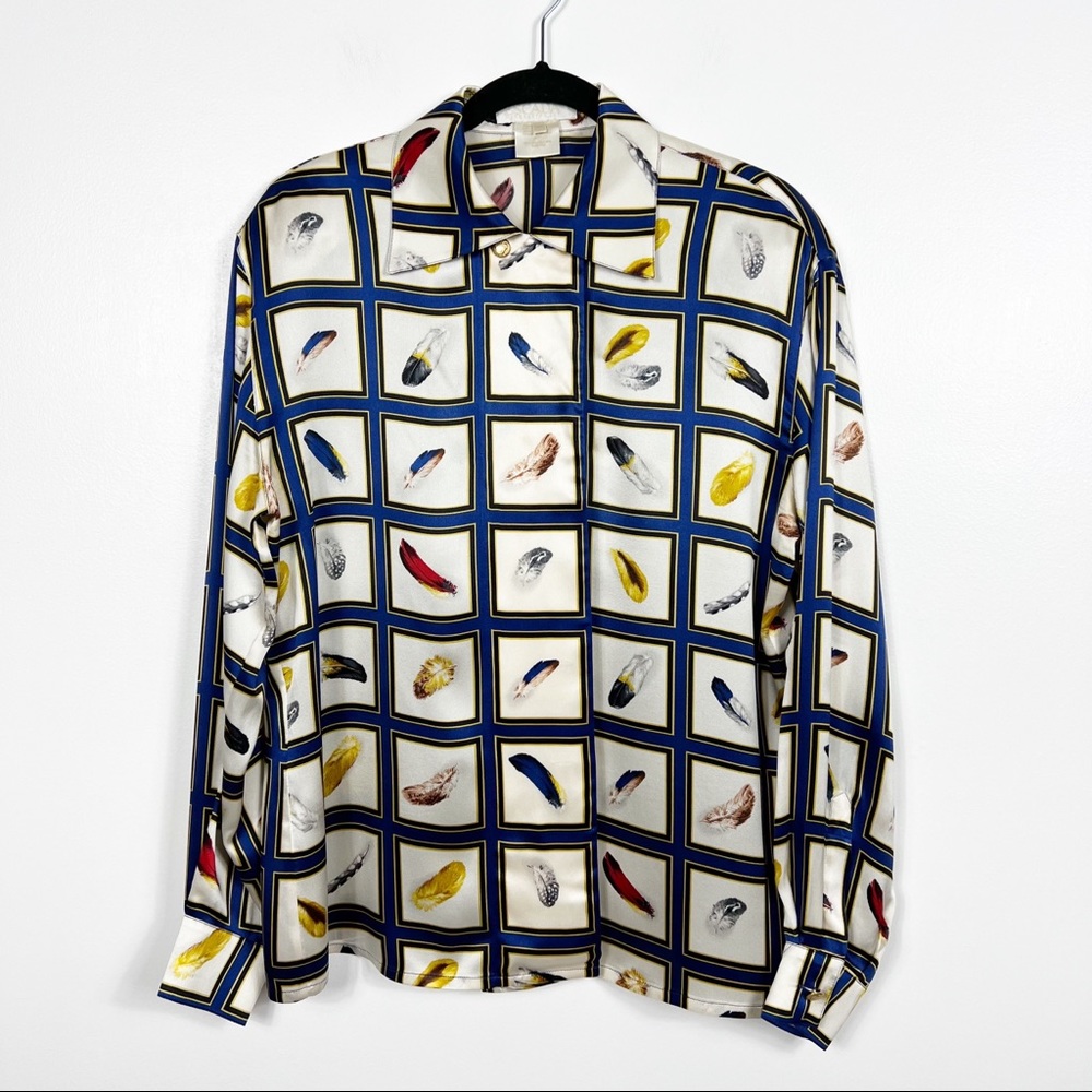 ESCADA Vintage 100% Silk Feather-Print Blouse (size EU 42/Size 10-12 U.S.)